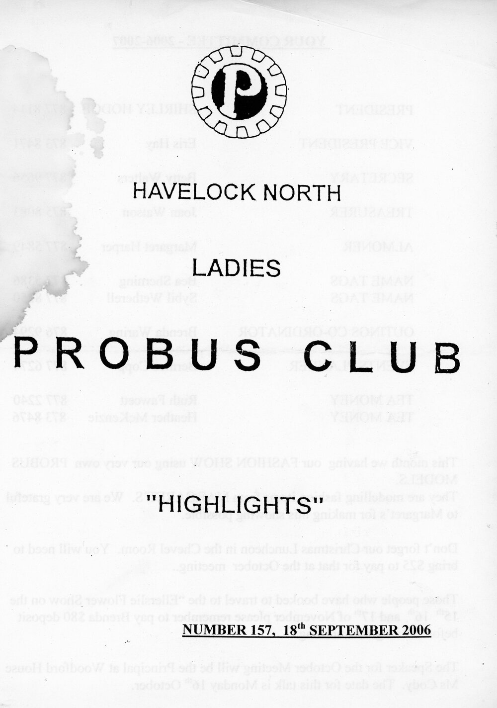 Havelock North Probus Club "Highlights", Number 157, 18 September 2006