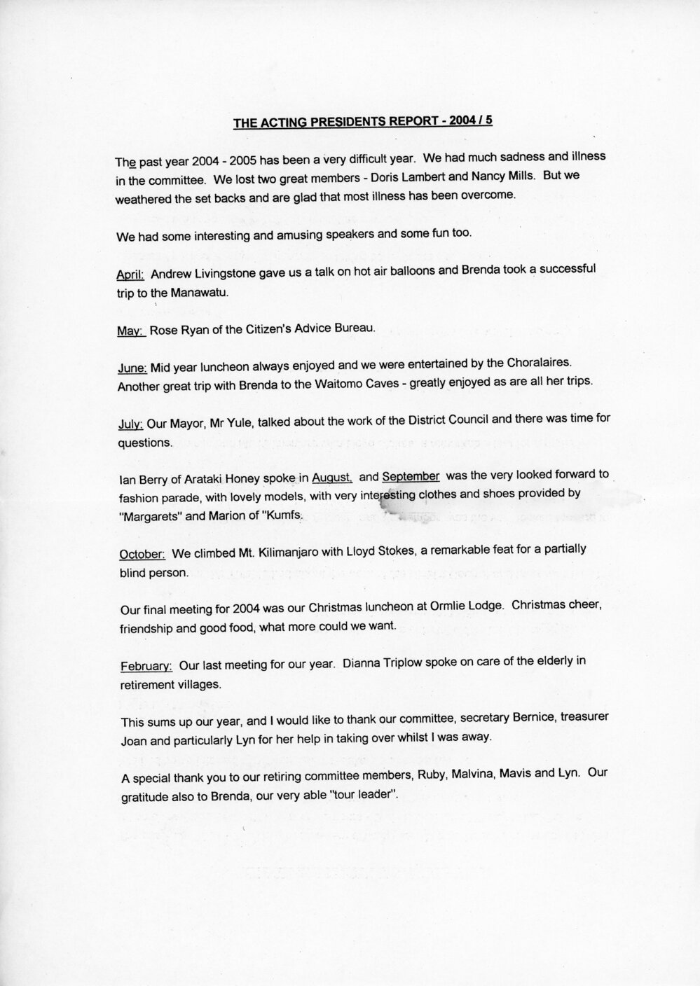Probus Club Presidents annual report, 2004-2005