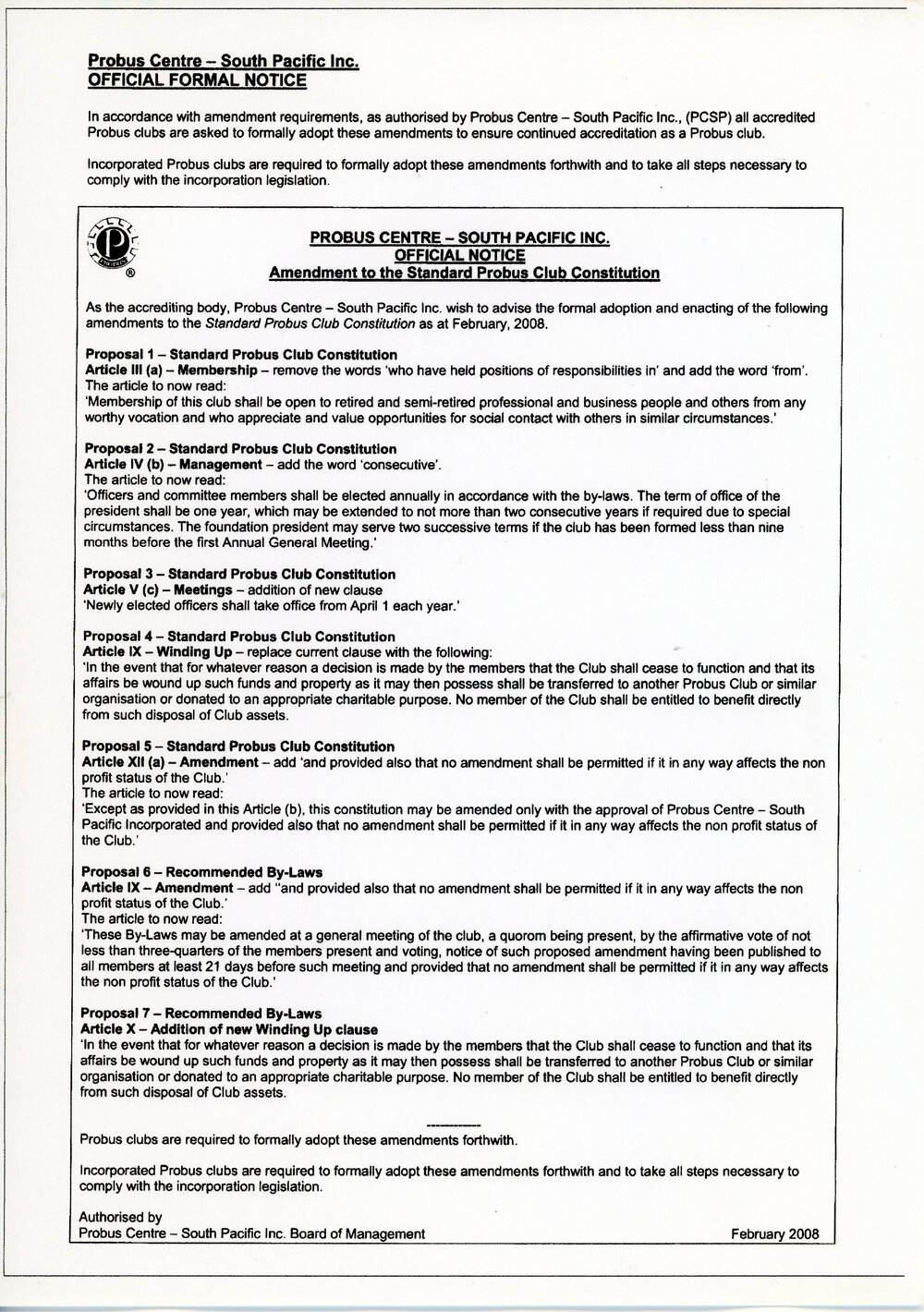 2008 Amendment to the Probus Club Constitution