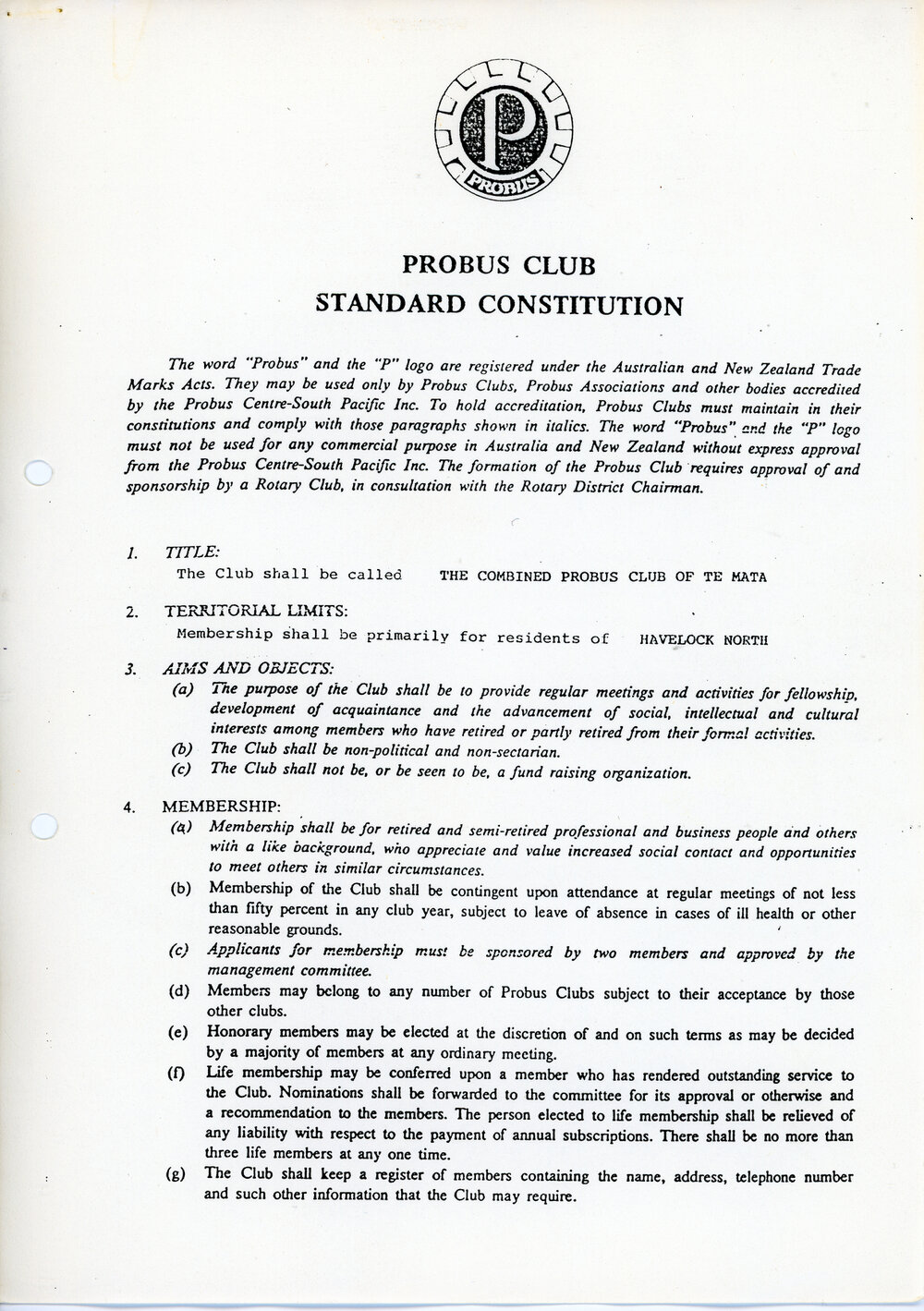 Revised Standard Constitution of the Probus Club - 1990
