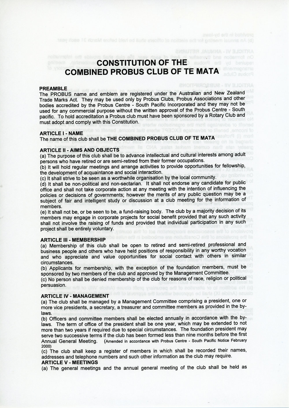 Constitution and By-Laws of the Combined Probus Club of Te Mata