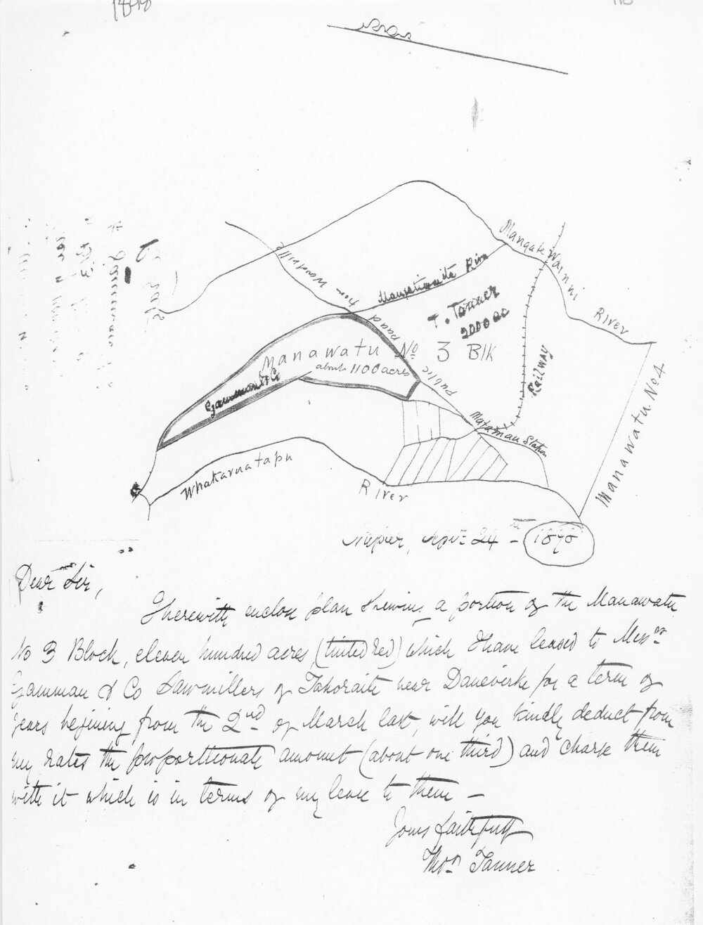 Letter with Map Regarding Lease of Tanner Land