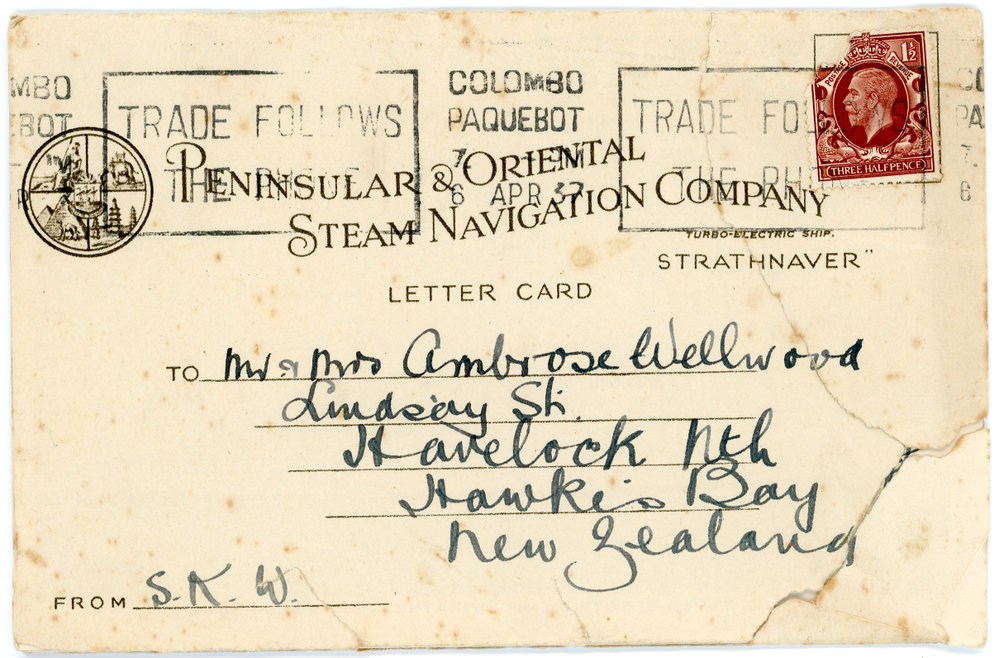 P &amp; O Ship 'Strathnaver' Lettercard from Sue K. W. to Mr and Mrs Ambrose Wellwood