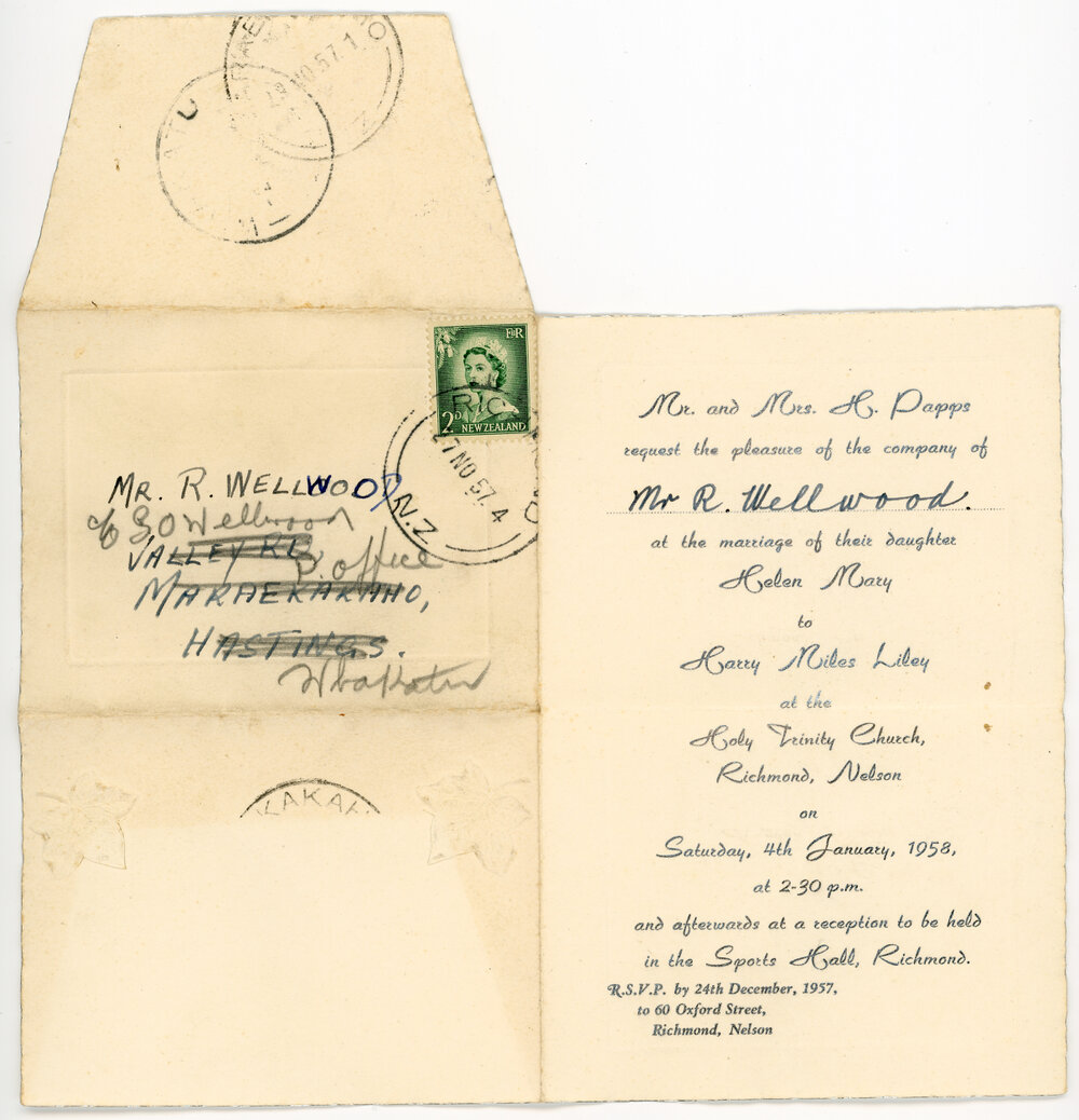 Wedding Invitation for the Marriage of Helen Papps and Harry Liley