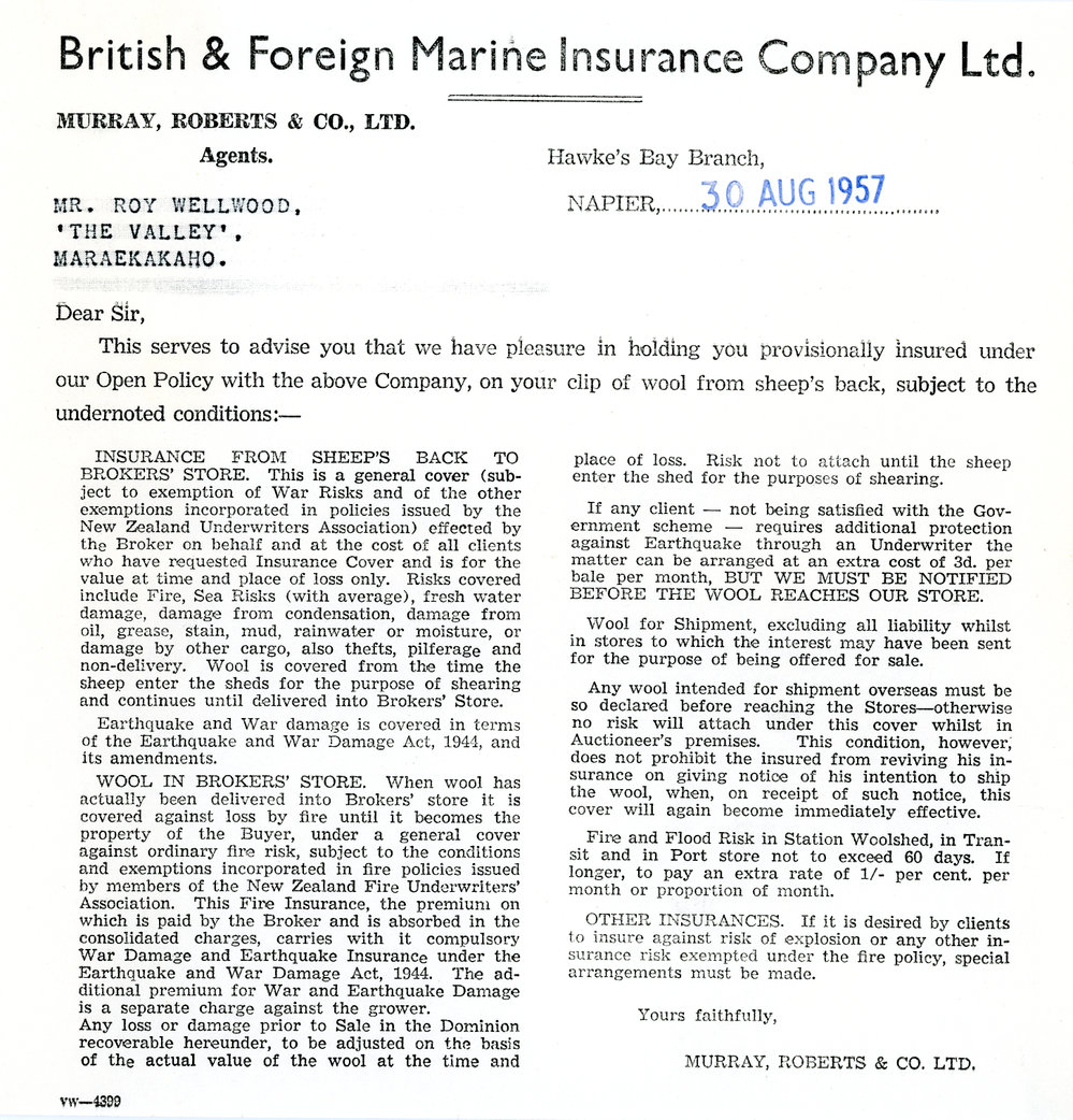 British &amp; Foreign Marine Insurance Company Letter