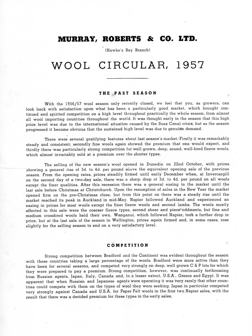 Murray, Roberts &amp; Co. Ltd (Hawke's Bay Branch) 'Wool Circular, 1957'