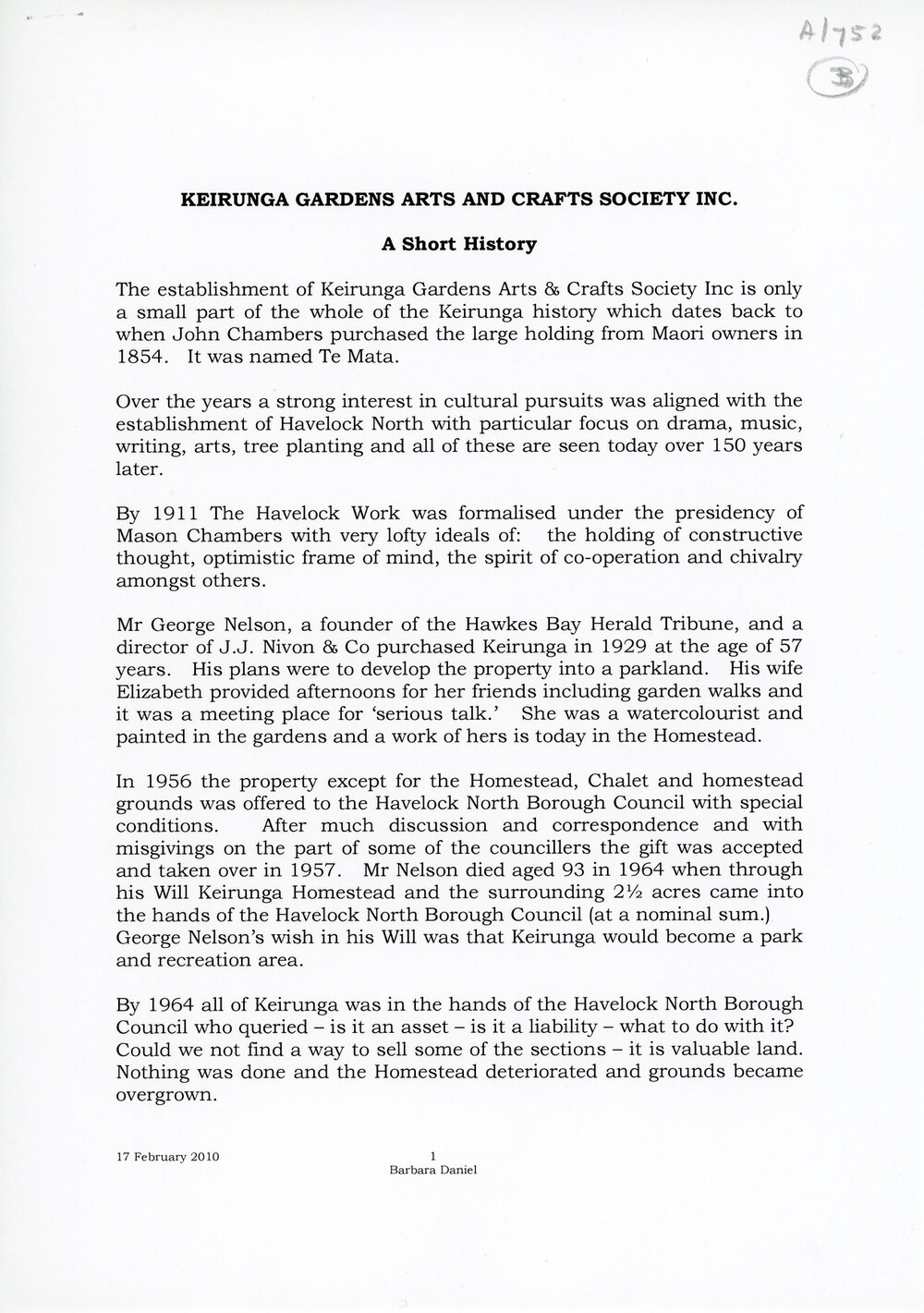 Keirunga Gardens Arts and Crafts Society Inc. A Short History