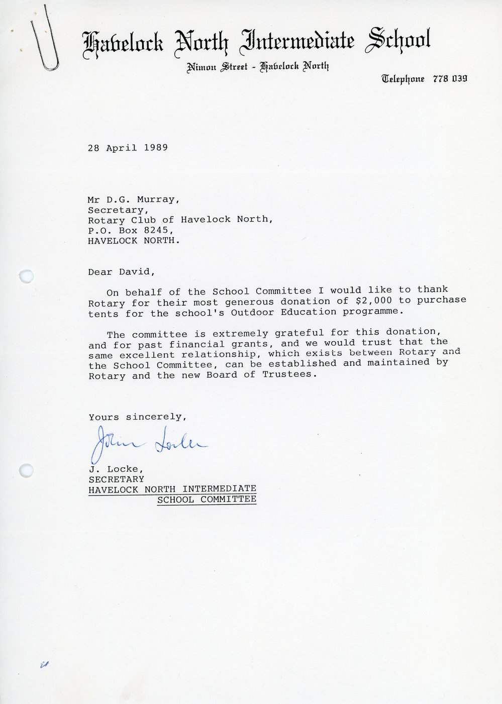 Rotary Club of Havelock North - General Correspondence