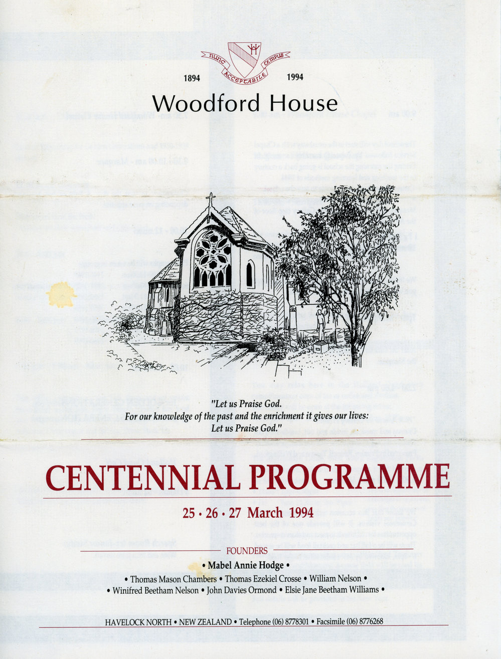 Woodford House Centennial programme March 1994