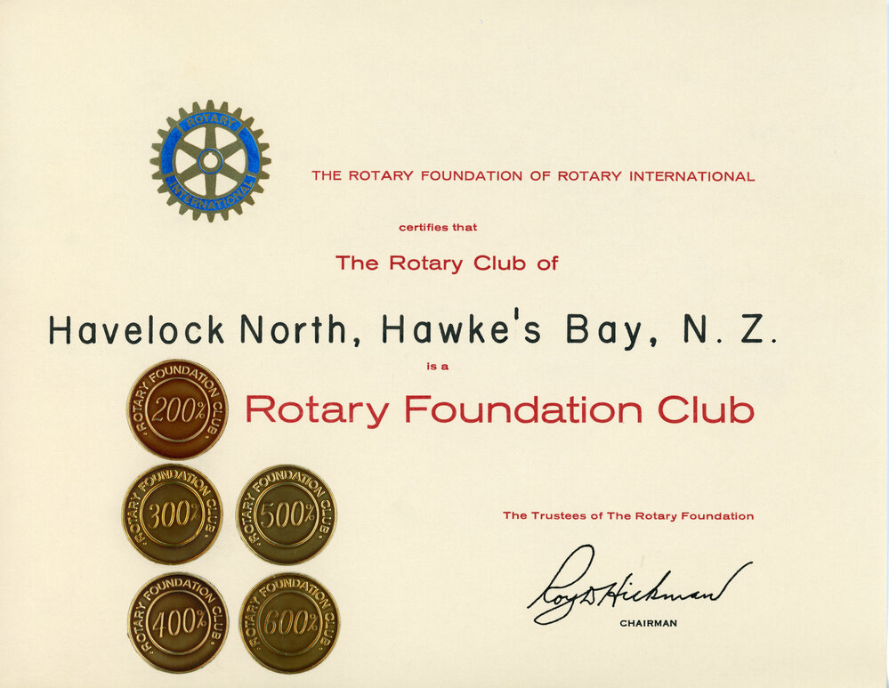 600% Certificate for the Rotary Club of Havelock North