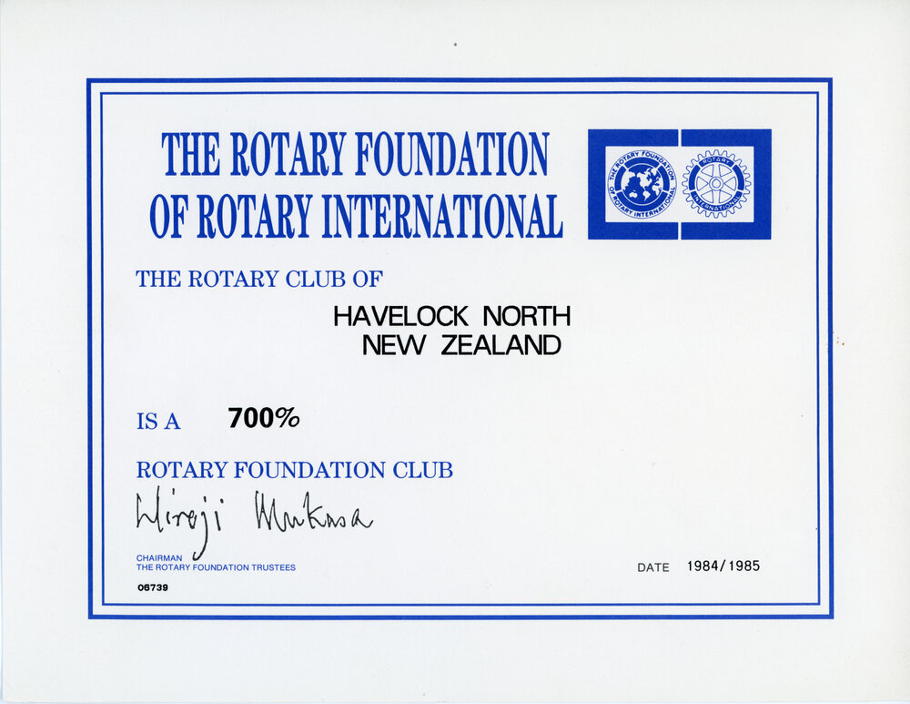 700% certificate for the Rotary Club of Havelock North