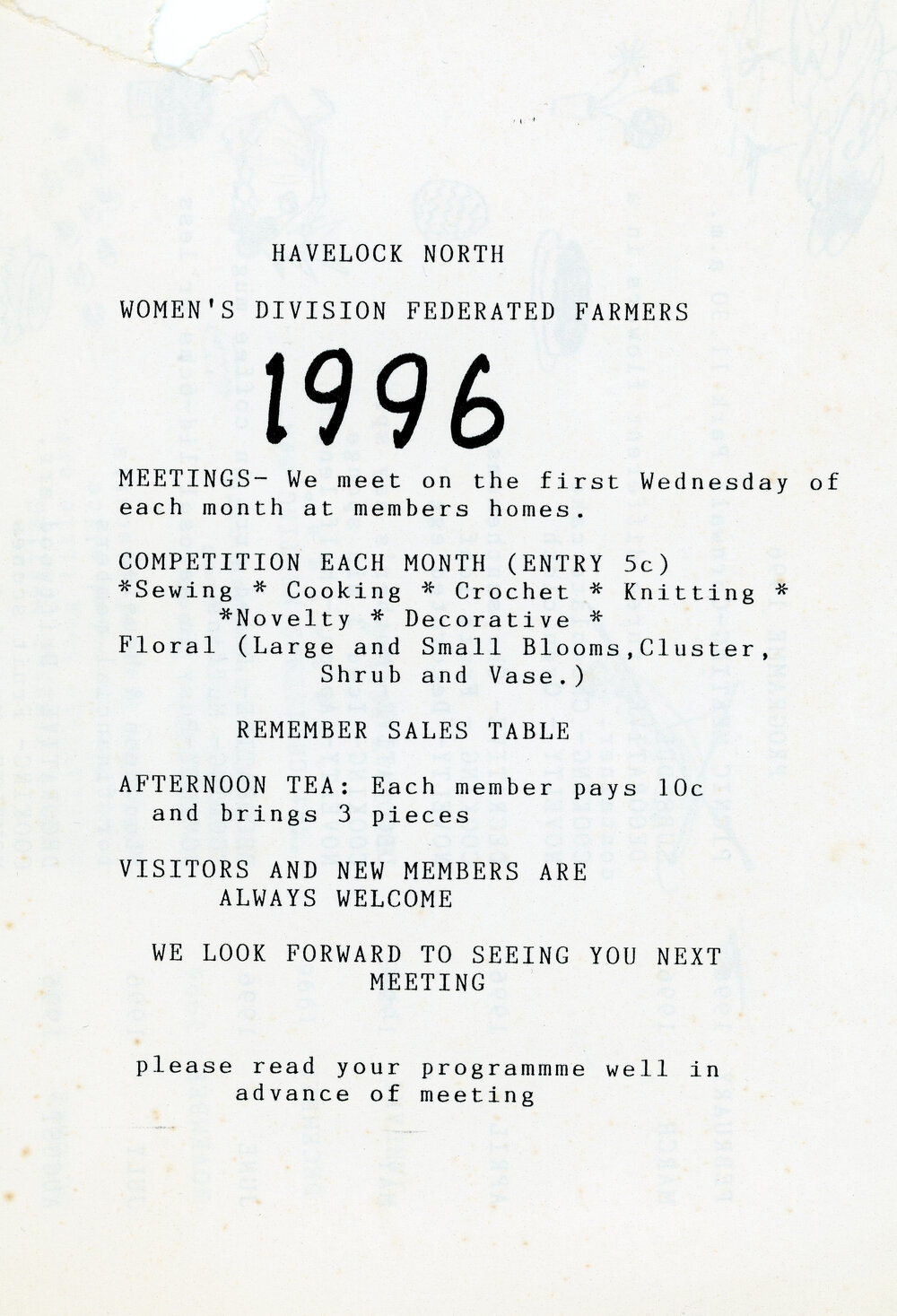 Monthly Meeting Programme of Havelock North WDFF, 1996