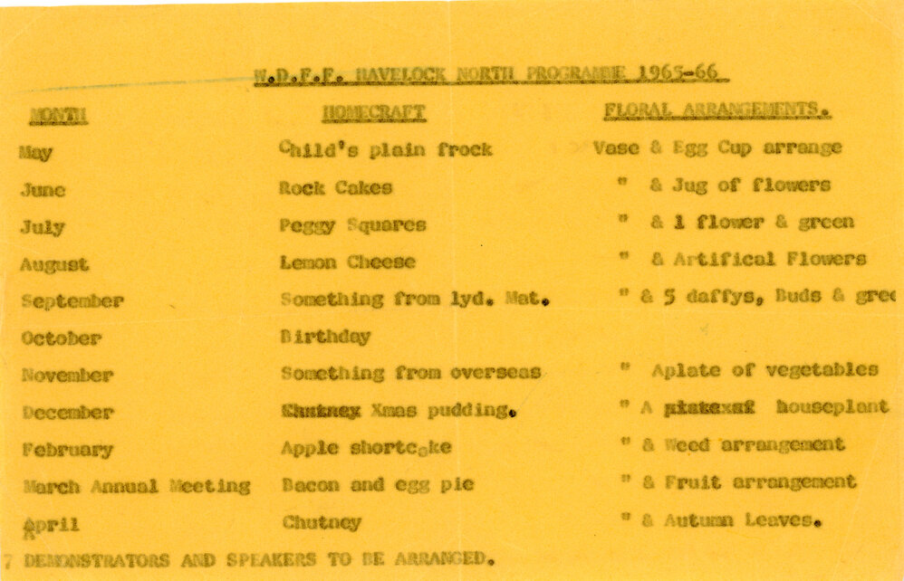 Monthly Meeting Programme for Havelock North WDF, 1965-66