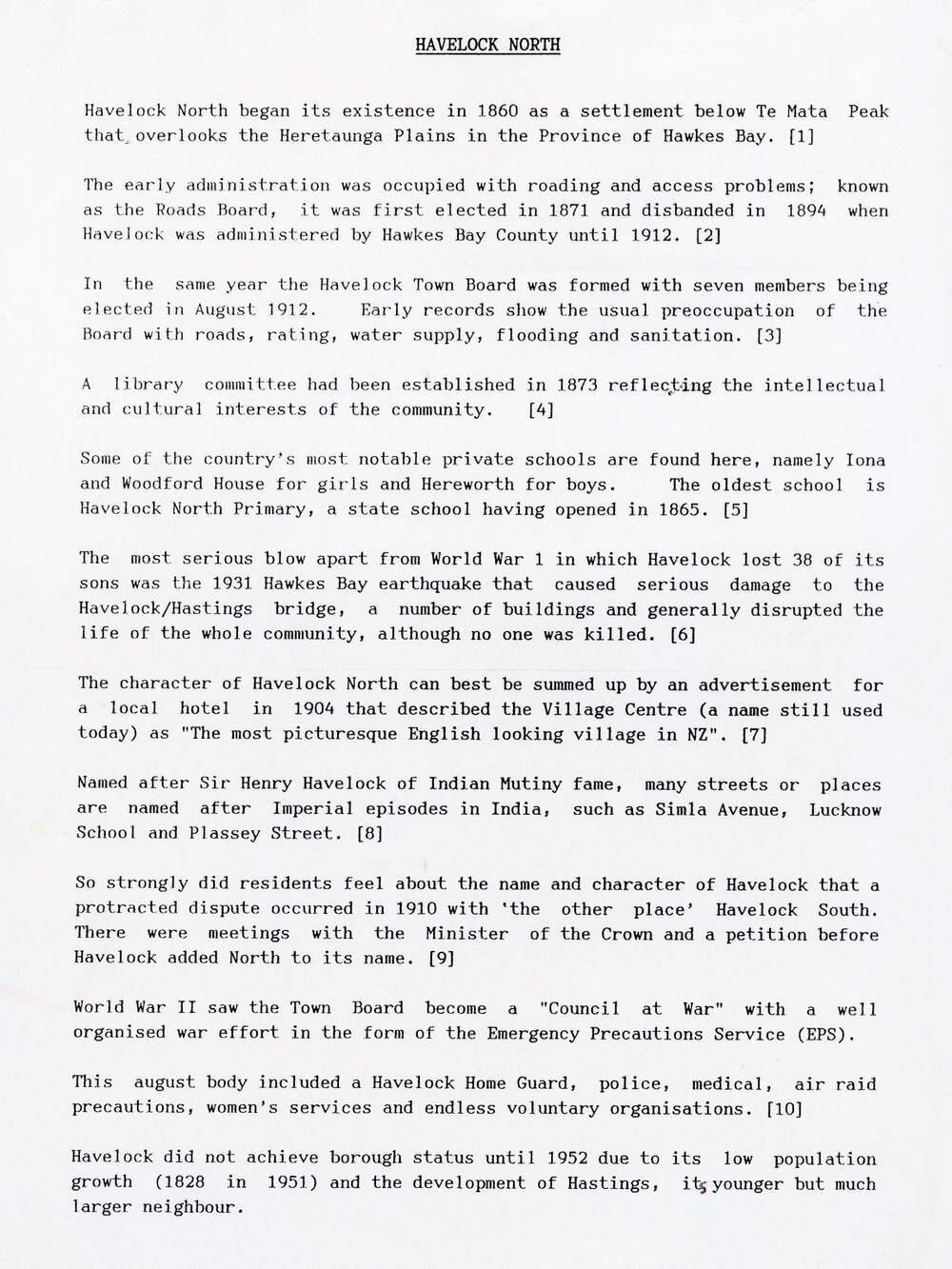 Short History of Havelock North