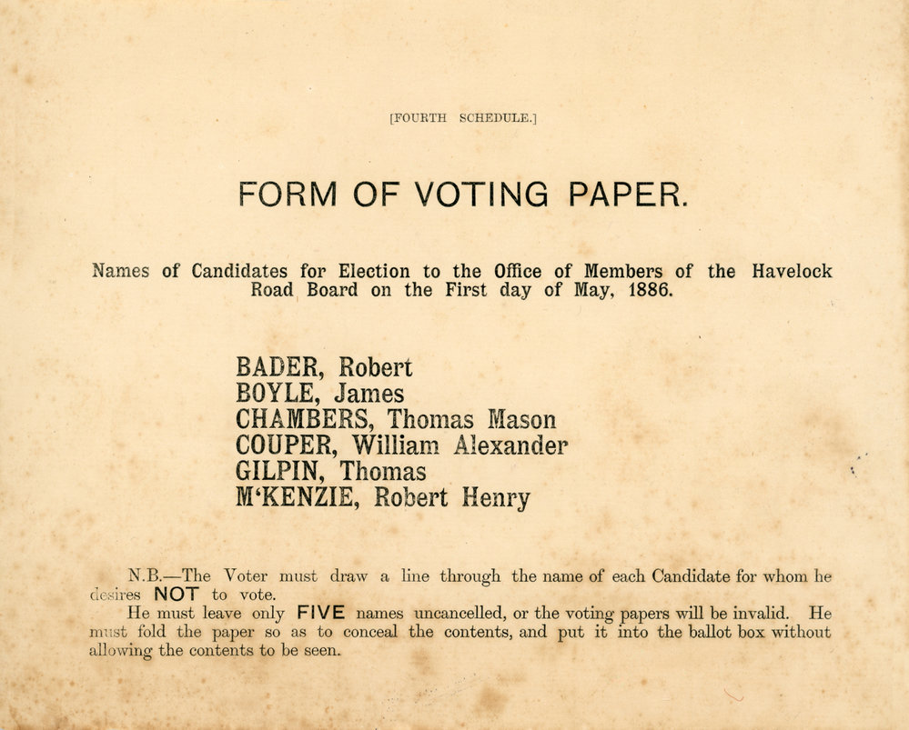 Voting Paper for Election of Members for Havelock Road Board