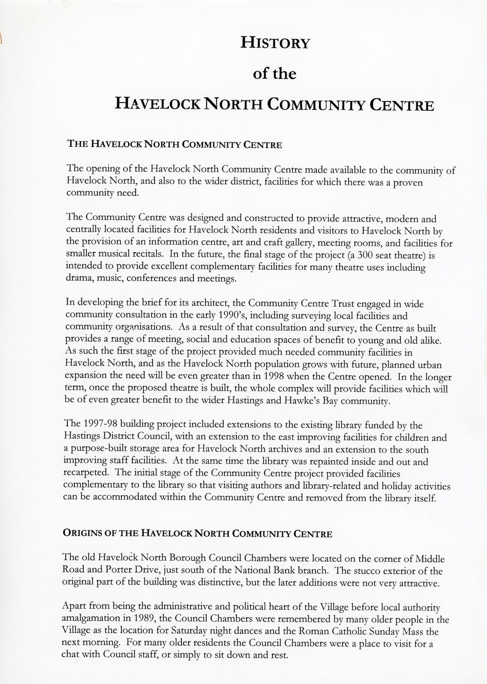 History of the Havelock North Community Centre