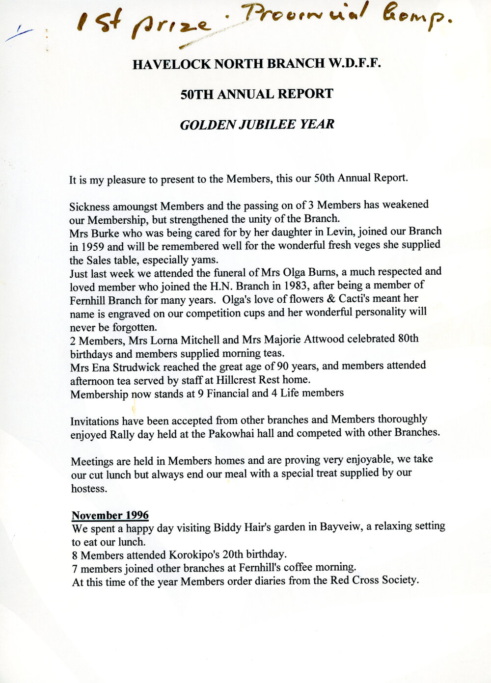 50th Annual Report, Havelock North Branch WDFF