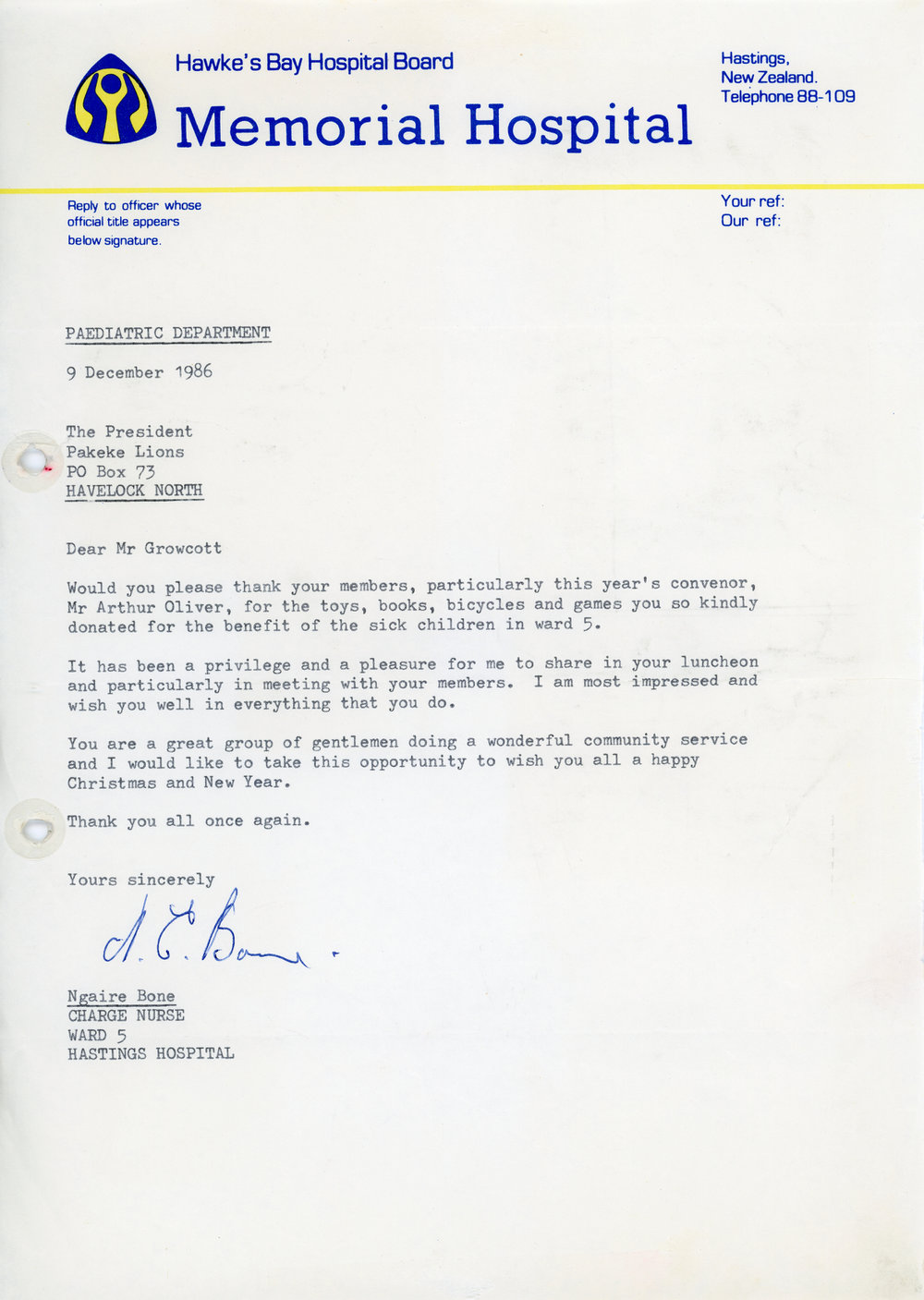 Letter from Hawke's Bay Hospital Board