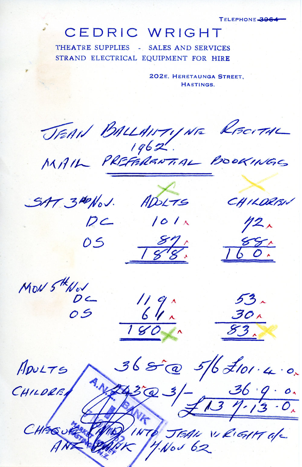 Mail Order Bookings for 1962 Recital