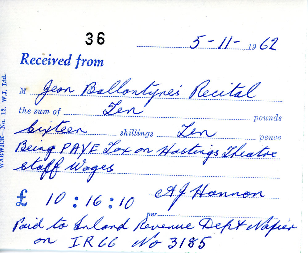 PAYE Receipt for Hastings Theatre Staff Wages 