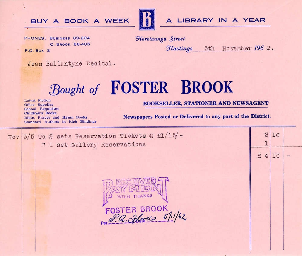 Foster Brook Receipt for Ballantyne Recital