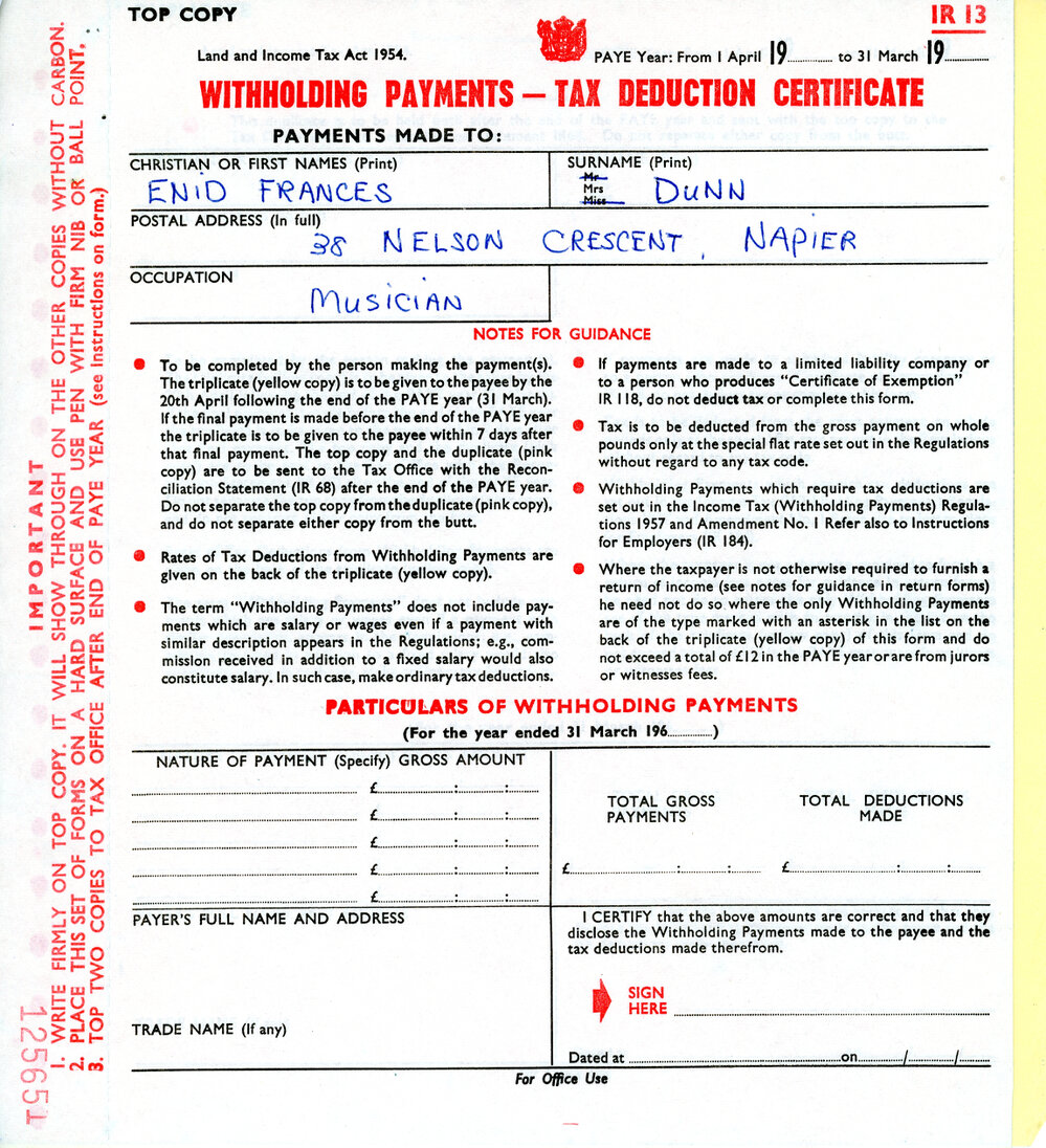 Tax Deduction Certificate for Enid Dunn