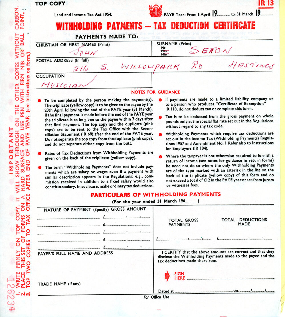 Tax Deduction Certificate for Mr John Seton