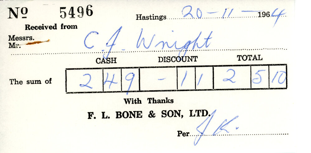 F. L. Bone &amp; Son Receipt to C J Wright 