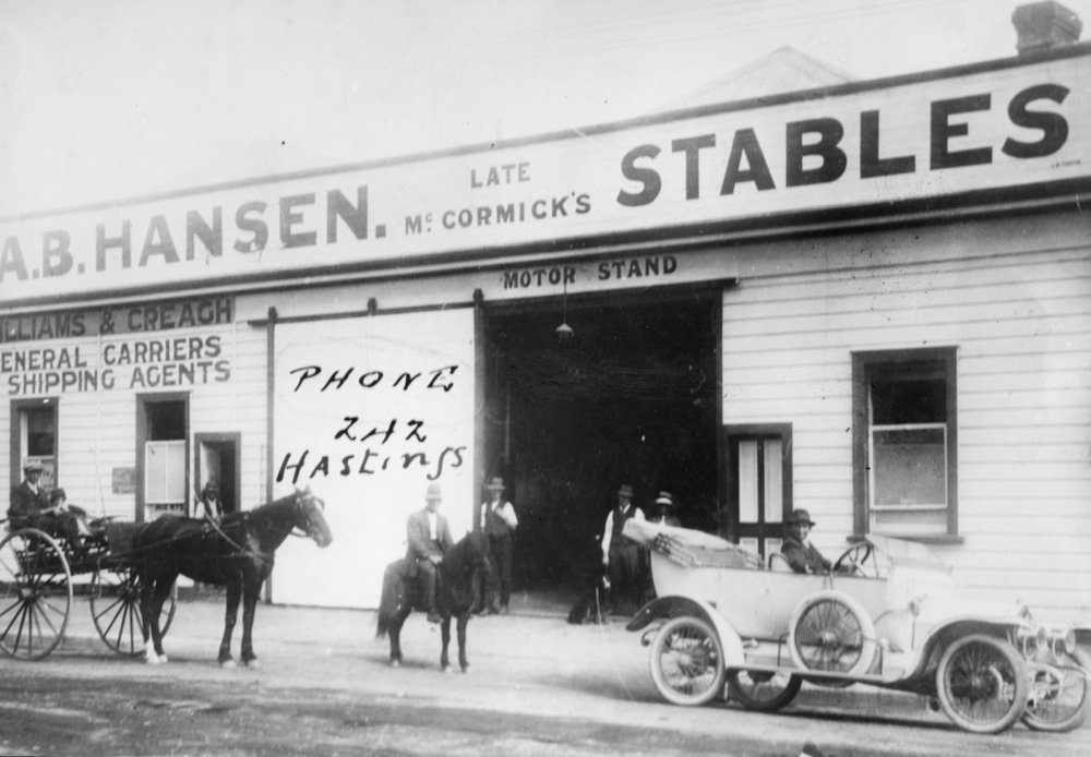 A B Hansen (Late McCormick's) Stables with Vehicles and Horses.