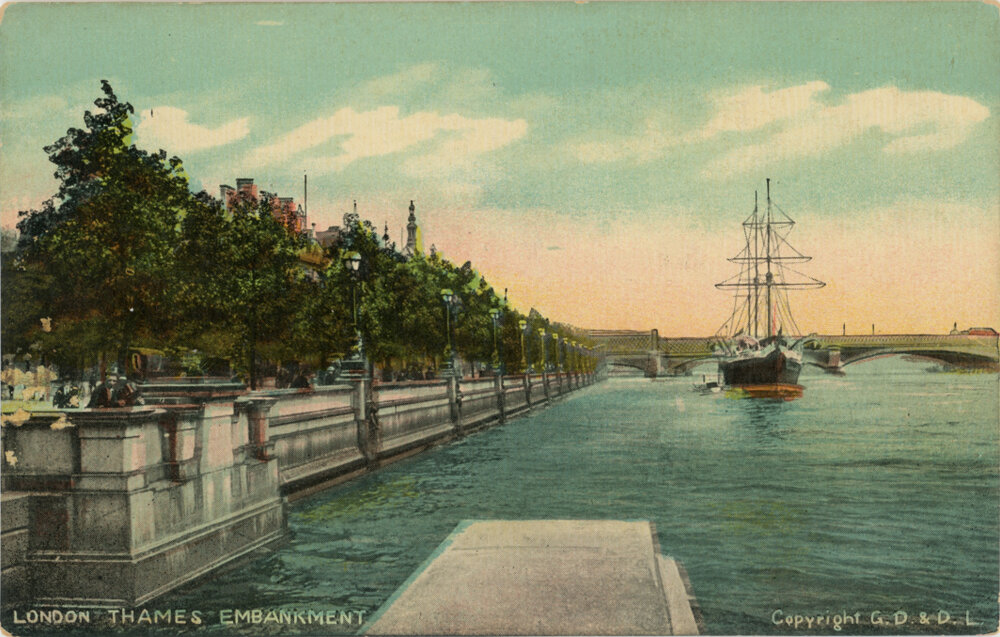 River Thames Embankment with Sailing Ship