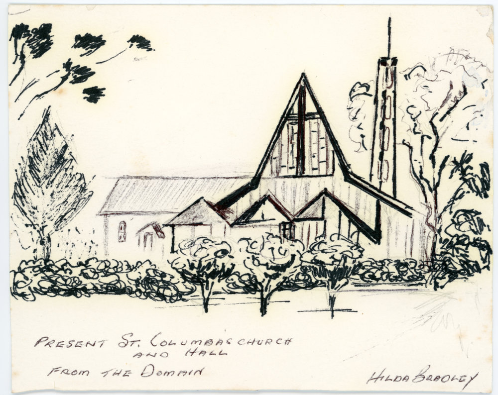 Ink drawing of St. Columba's Church and Hall