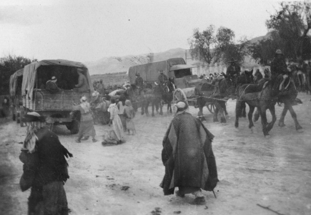 Army Trucks on the Road in Egypt, WWI