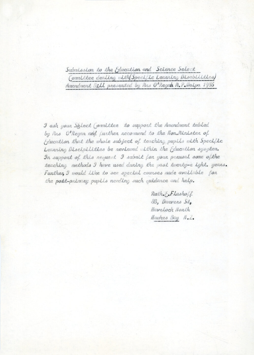 Documents Submitted to the Select Committee for the Education (Specific Learning Disabilities) Amendment Bill