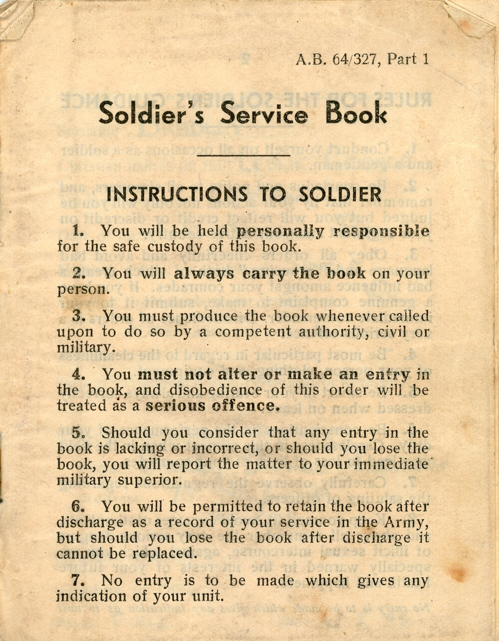 Soldiers Service Book A.B. 64/327, Part 1