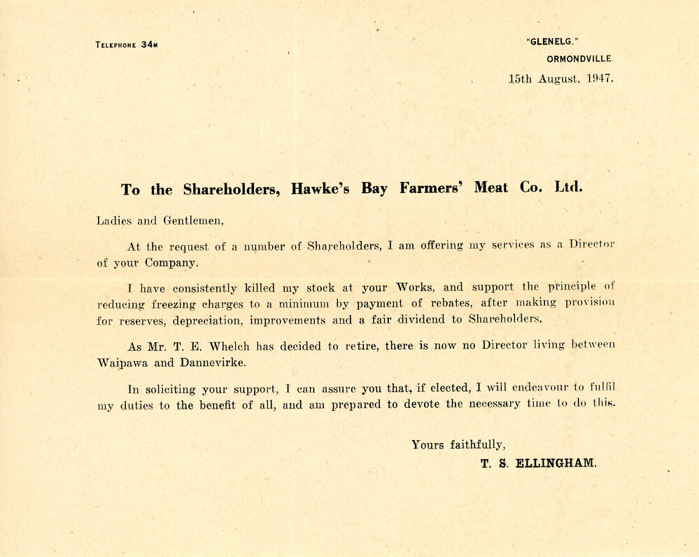 Letter from T. S. Ellingham to the Shareholders of Hawke's Bay Farmers' Meat Company Ltd