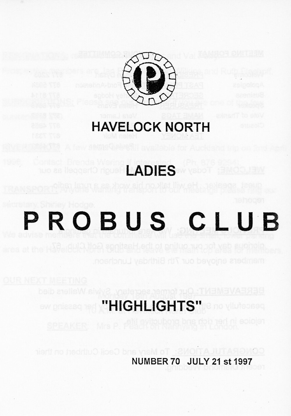 Ladies Probus Club of Havelock North "Highlights" Number 70. 21 July 1997