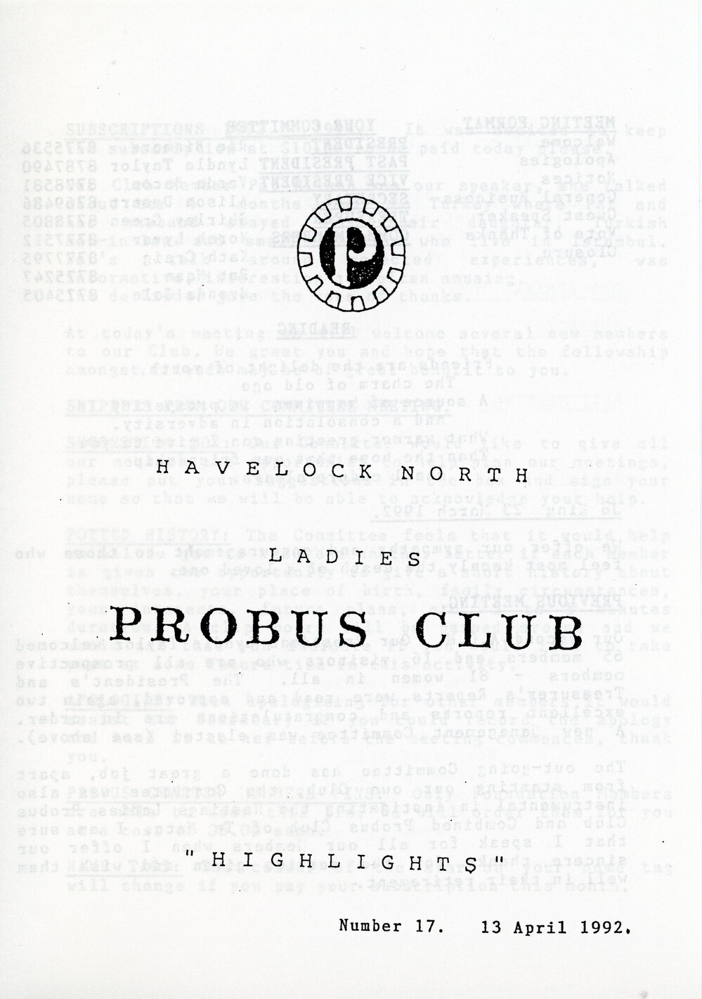 Ladies Probus Club of Havelock North "Highlights" Number 17. 13 April 1992