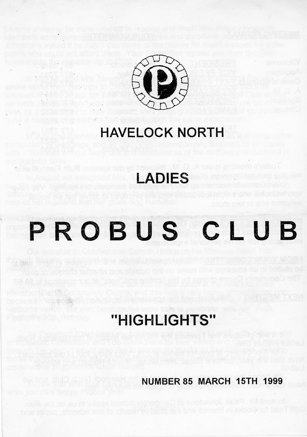 Ladies Probus Club of Havelock North "Highlights" Number 85. 15 March 1999