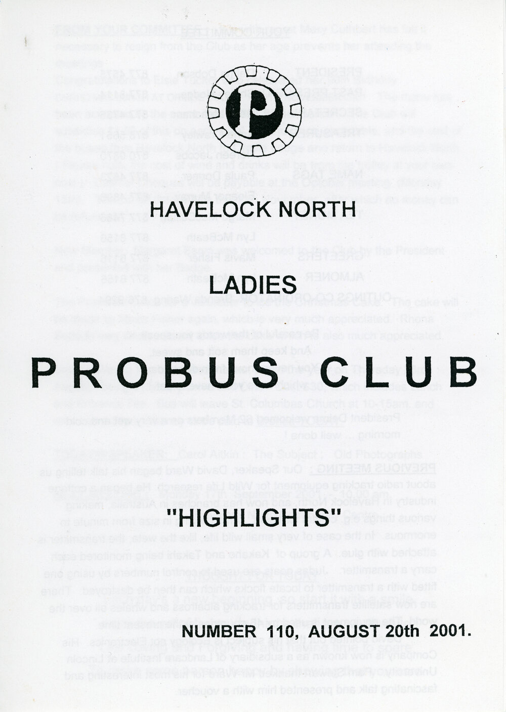 Ladies Probus Club of Havelock North "Highlights" Number 110. 20 August 2001