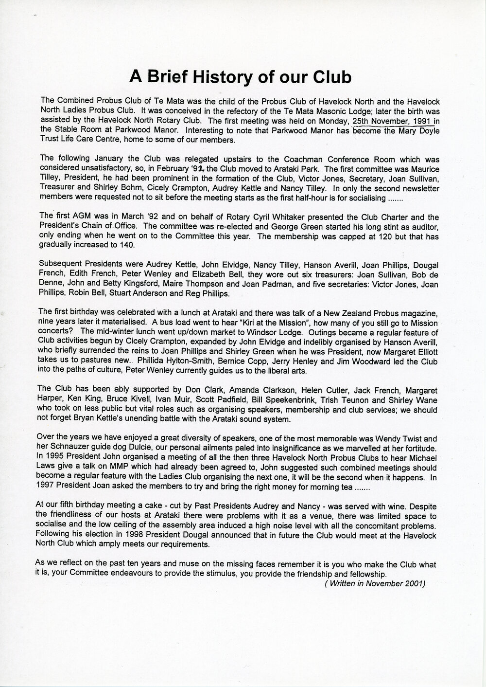 A Brief History of Our Club