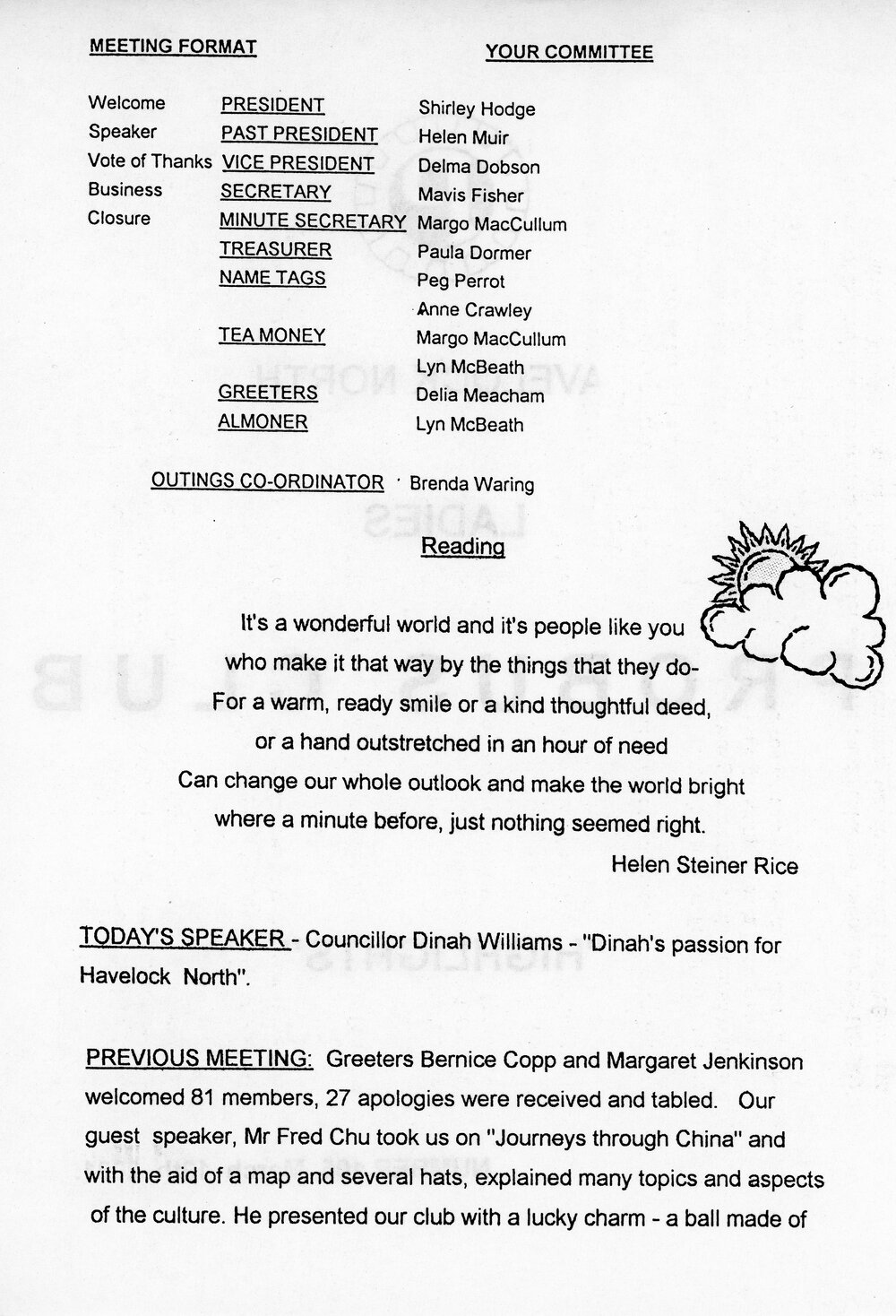 Ladies Probus Club of Havelock North "Highlights" Number 105. 19 March 2001