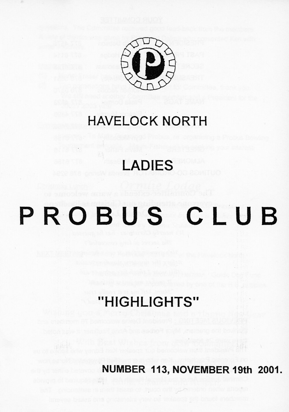 Ladies Probus Club of Havelock North "Highlights" Number 113. 19 November 2001
