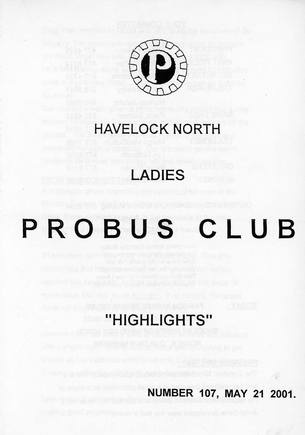 Ladies Probus Club of Havelock North "Highlights" Number 107. 21 May 2001