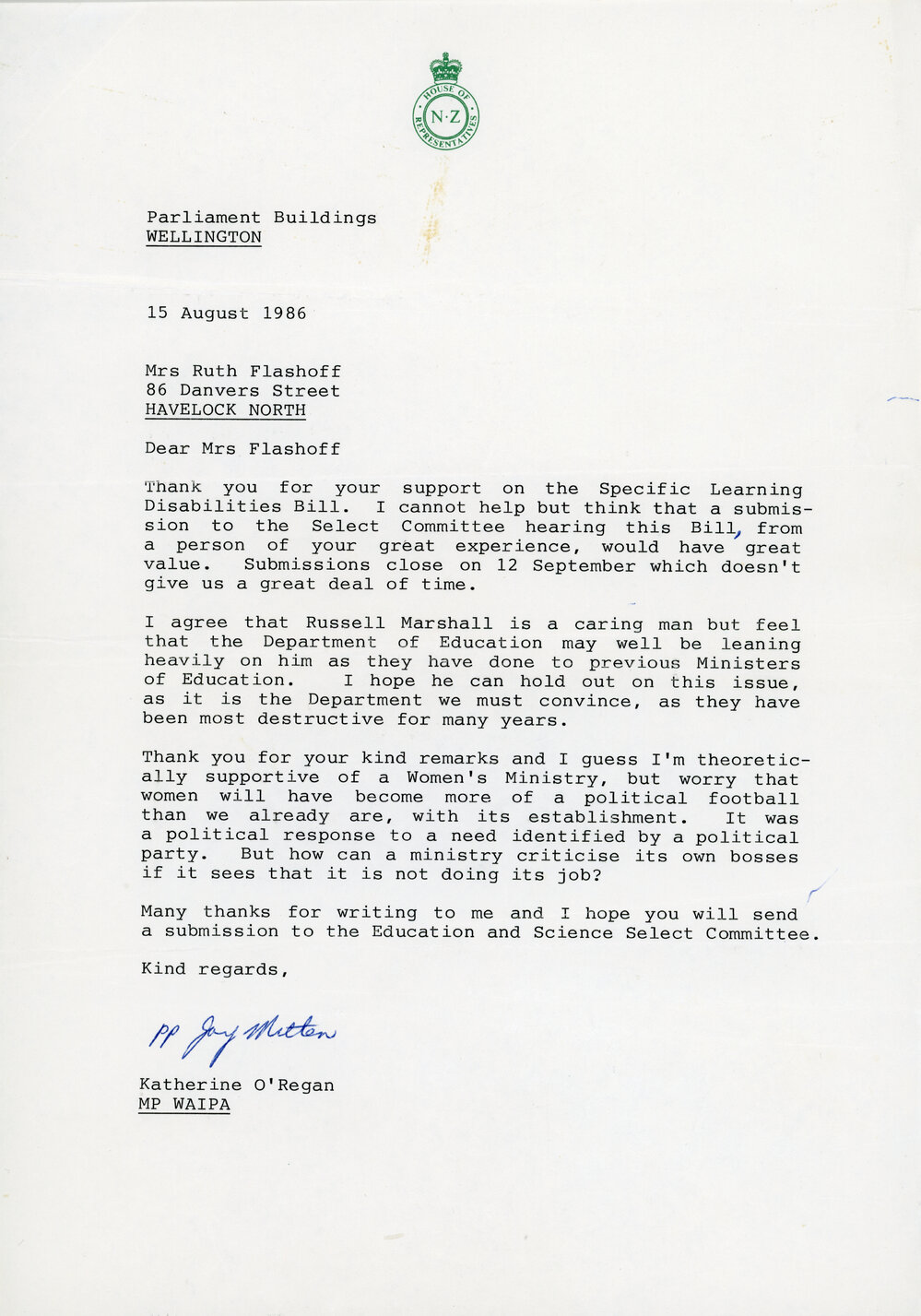 Correspondence to Mrs Ruth Flashoff