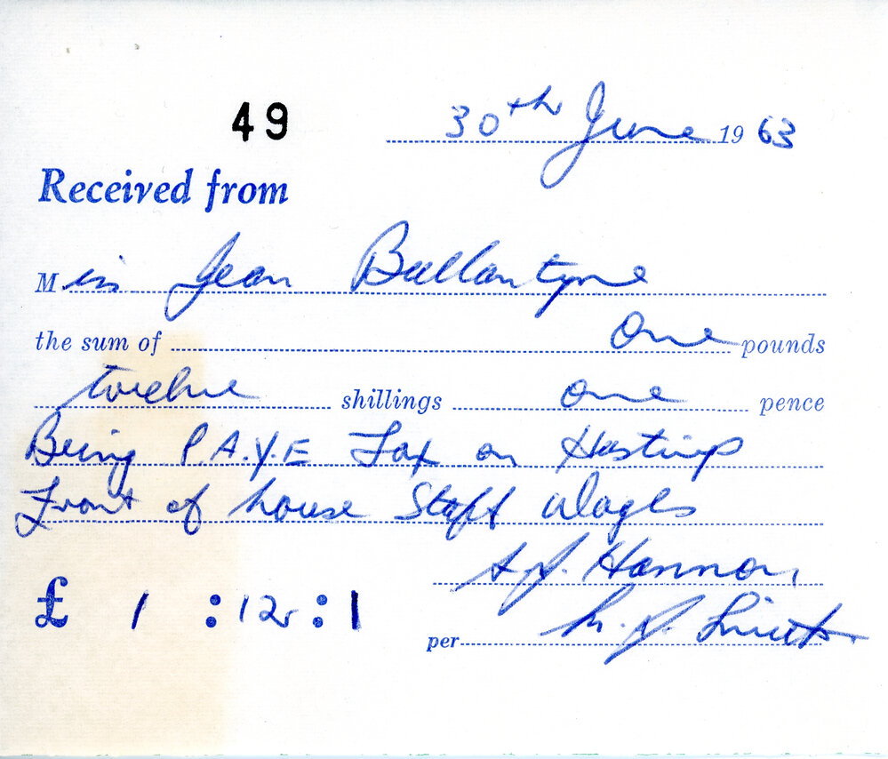 Tax receipt received from Miss Jean Ballantyne, 30th June 1963