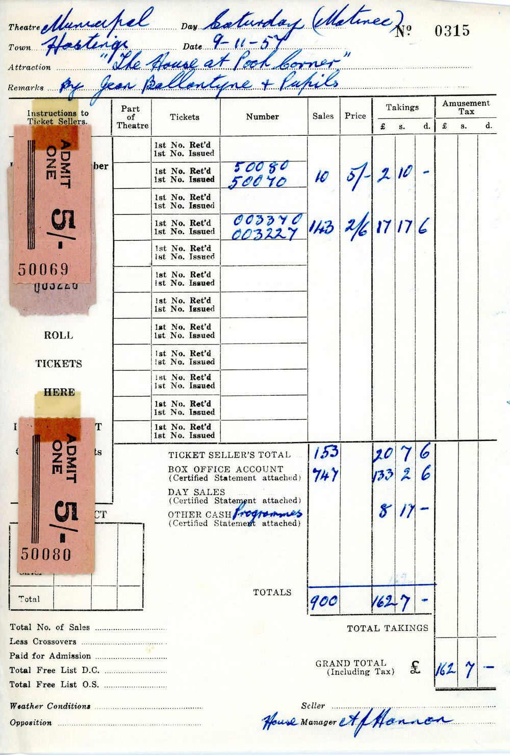 Tickets and Receipt: The House at Pooh Corner
