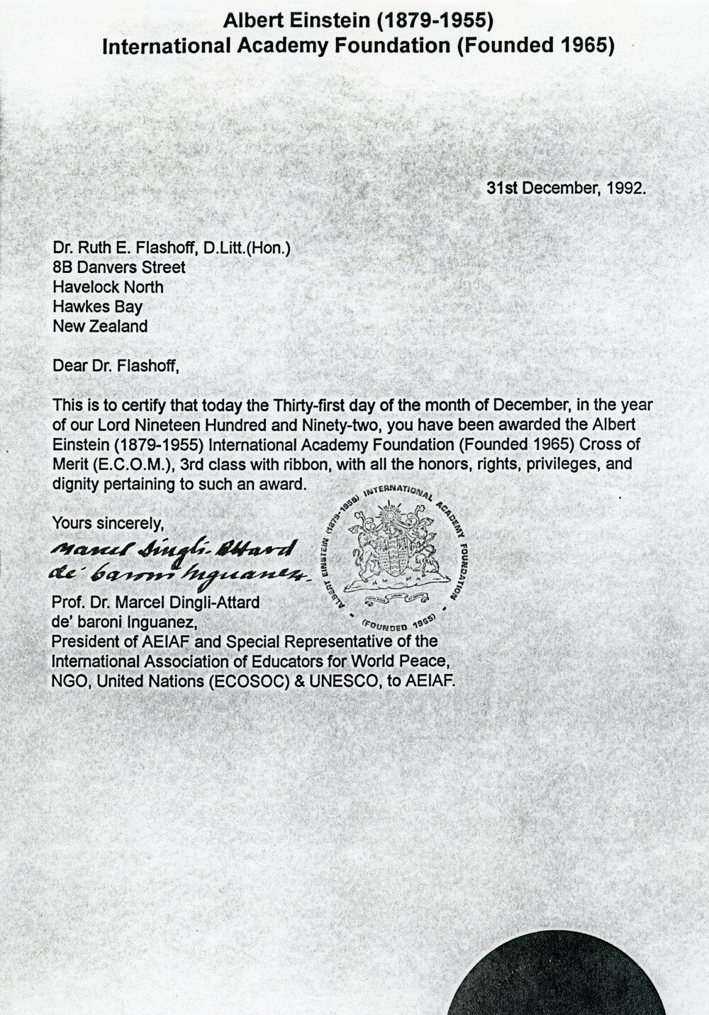 Letter from Albert Einstein International Academy Foundation