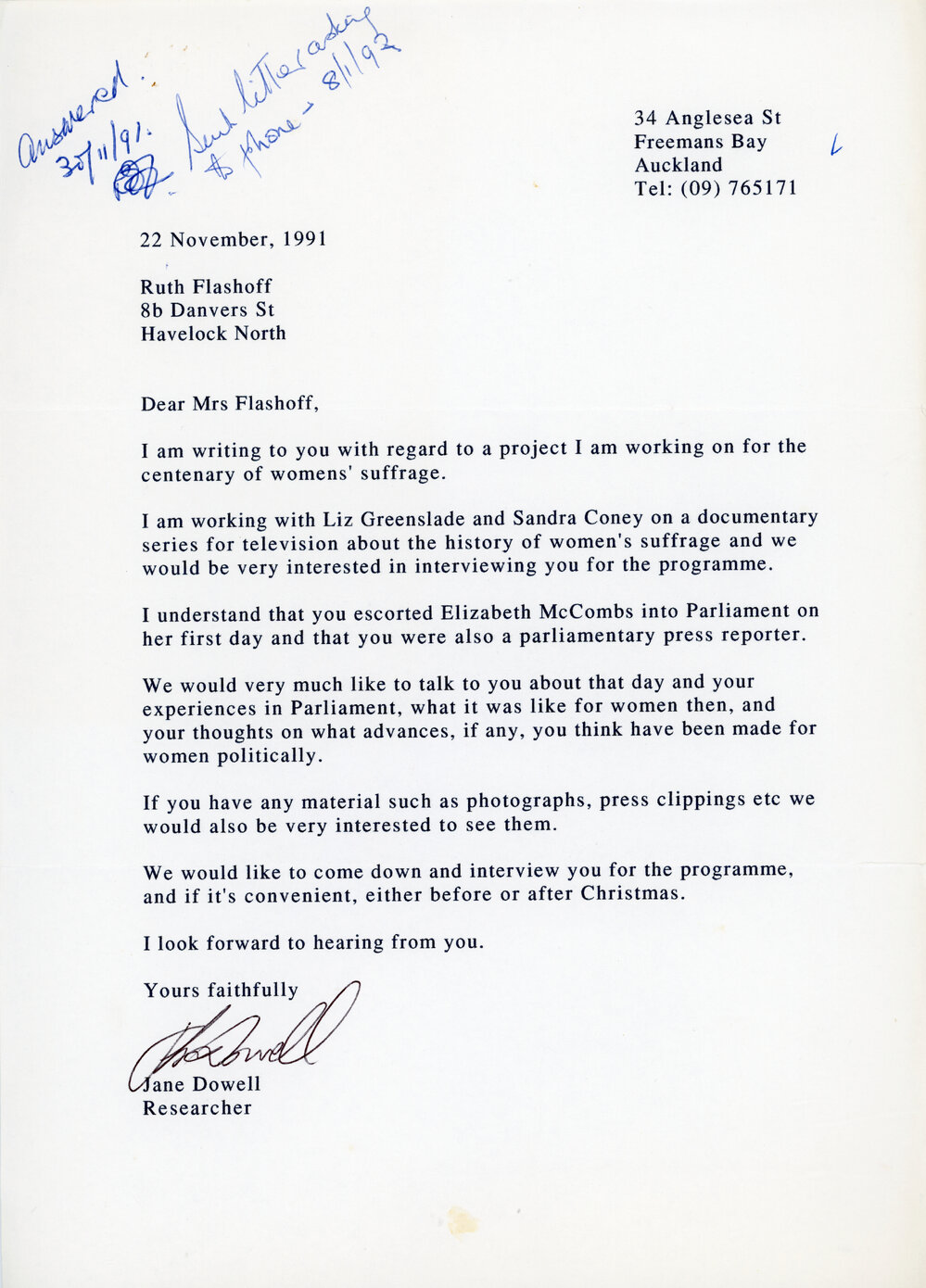 Letter Addressed to Ruth Flashoff from Jane Dowell
