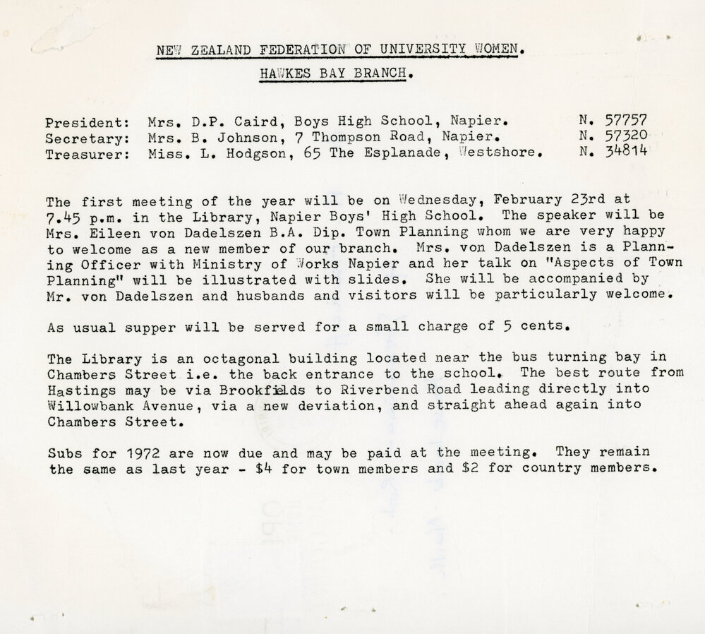 New Zealand Federation of University Women Notice of Meeting - Hawke's Bay Branch