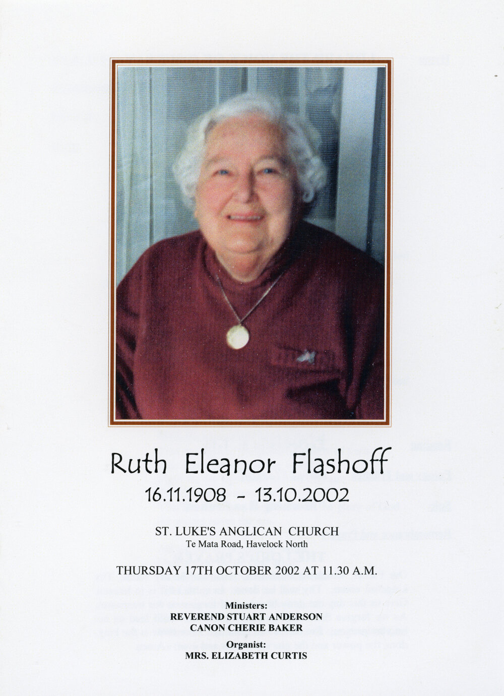 Funeral Service Programme for Ruth Eleanor Flashoff 